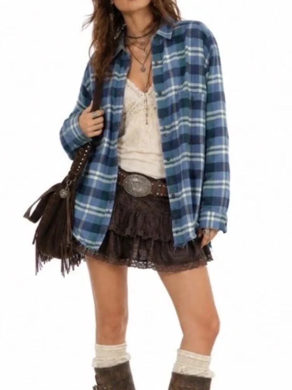 Free People Plaid Oversized Button Shirt Boho Western Indie Grunge Granola Sz M